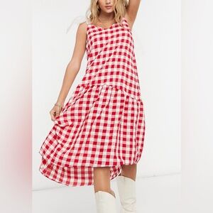 Topshop Red and White Gingham Midi Dress. New Without Tags